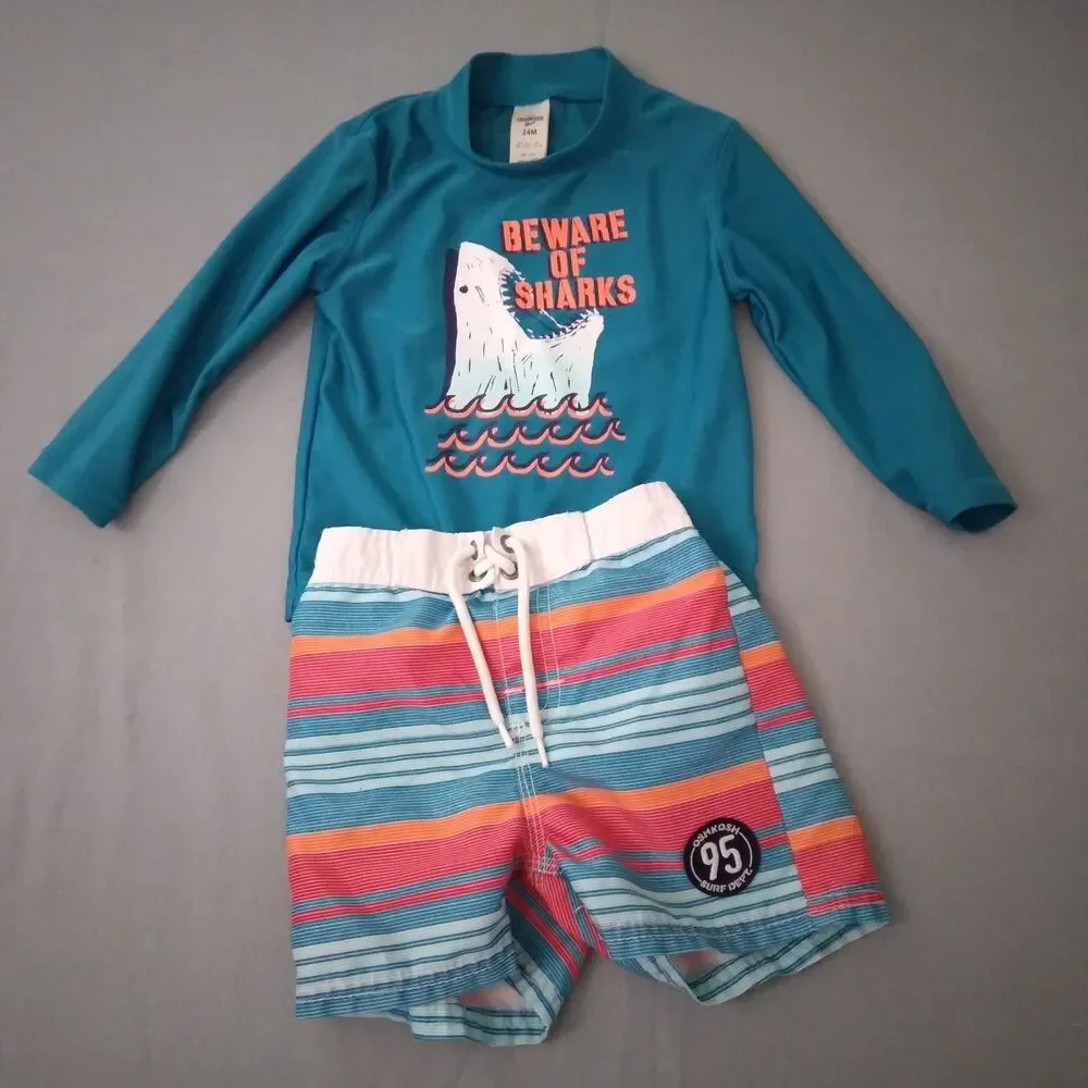 Oshkosh Bgosh Boys Swim Set Size 24m Rash Guard Top Trunks Shark Beach Ocean Hat